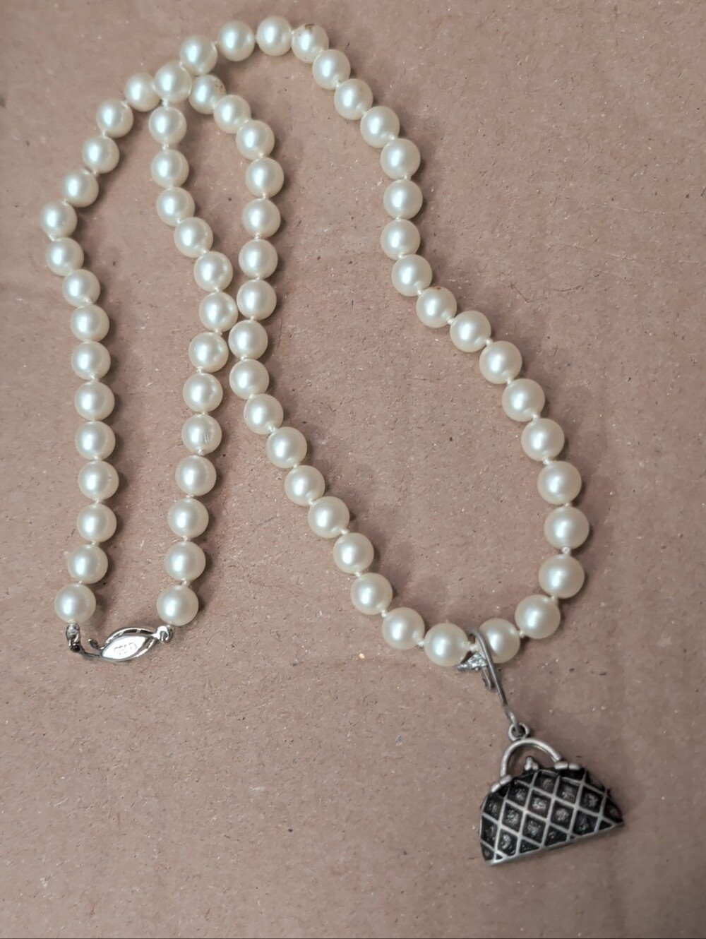 Vintage Classic Evco Pearl Necklace with Silver Handbag Charm